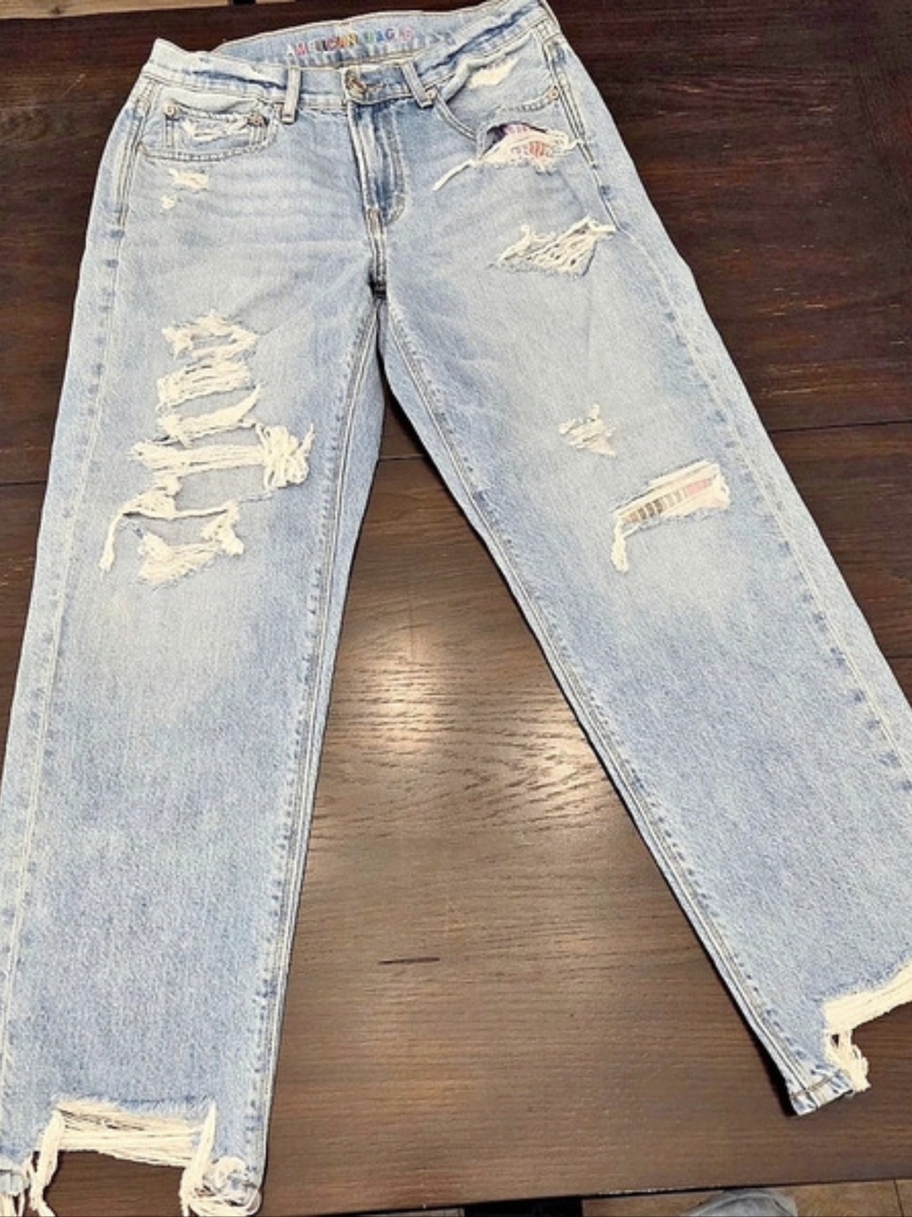 American Eagle Mom Straight Distressed Straight Jeans in Blue Waist 8 Short